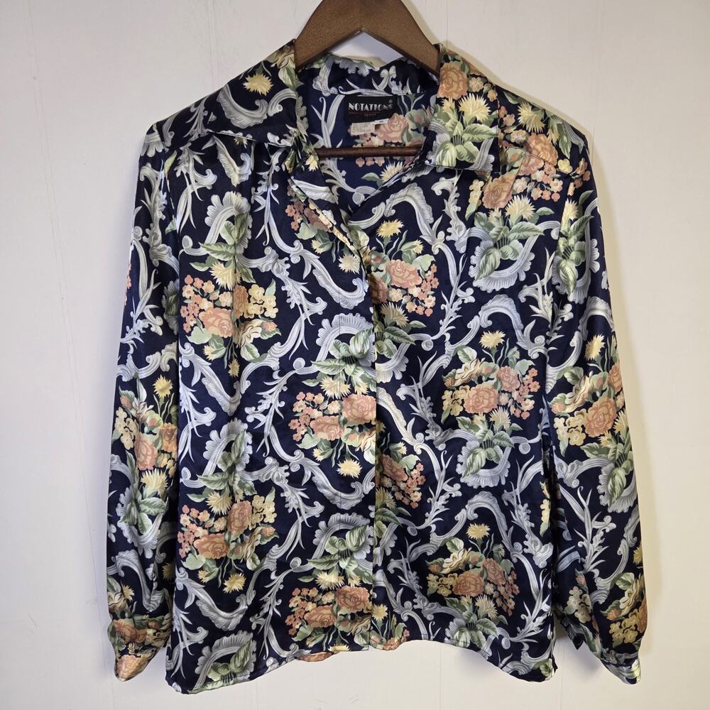 Vintage Floral Patterned Button Down Top Notations Petite Silky Feel Size 12